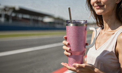 Kobieta trzymająca kubek termiczny na torze