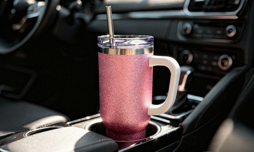 Kubek termiczny w różowym kolorze na torze